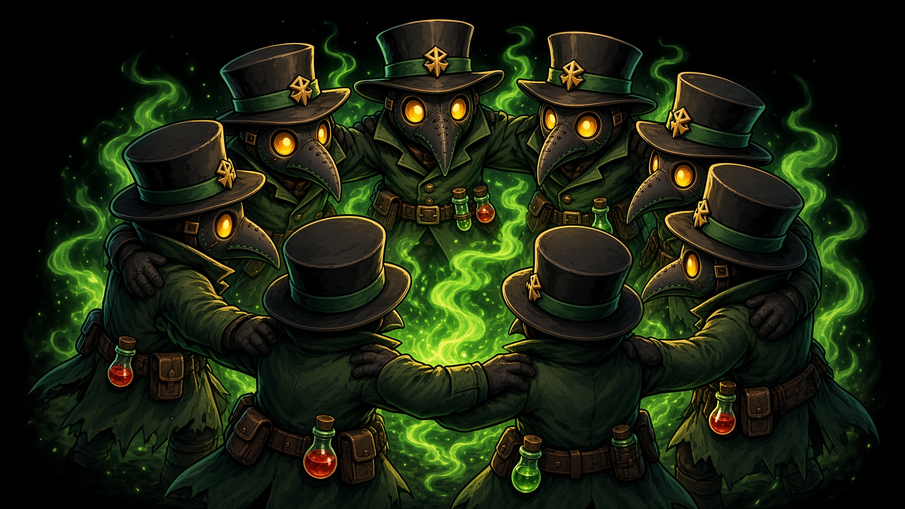 A circle of Plague Knights mascots gathered in green potion smoke