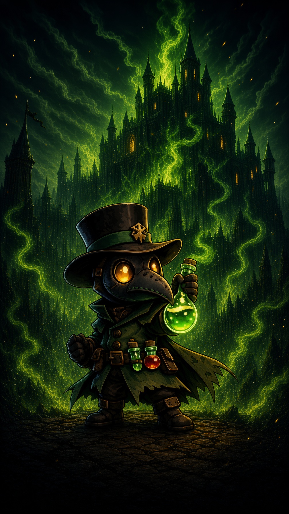 Plague Knights mascot before a gothic castle under toxic green fire