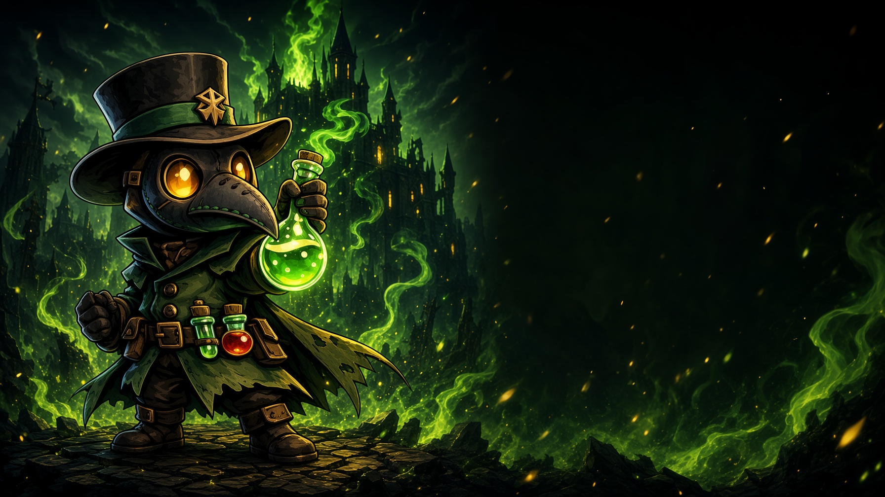 Plague Knights mascot before a gothic castle under toxic green fire