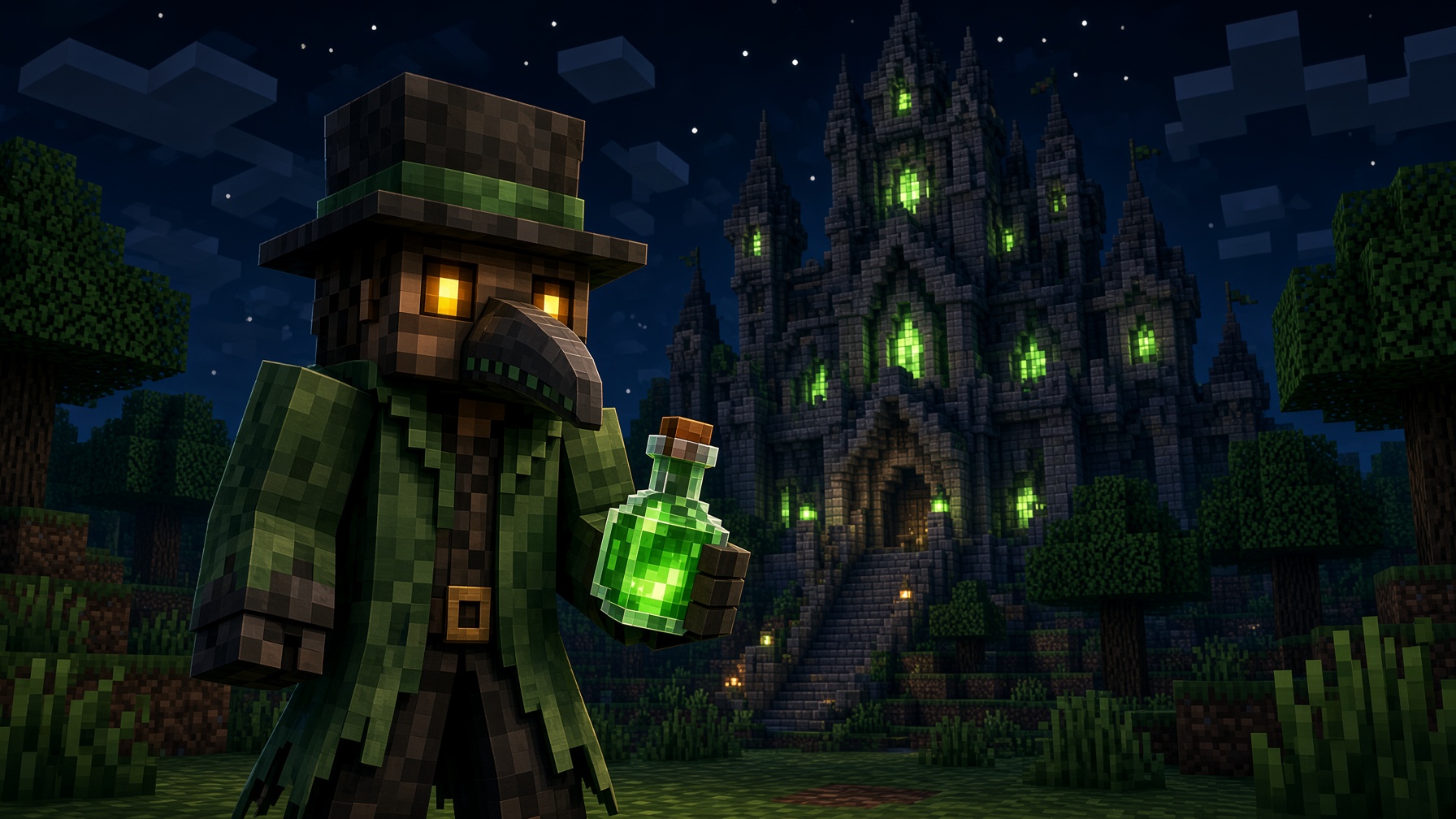 The voxel Plague Knight with a green potion before a block-built gothic castle at night
