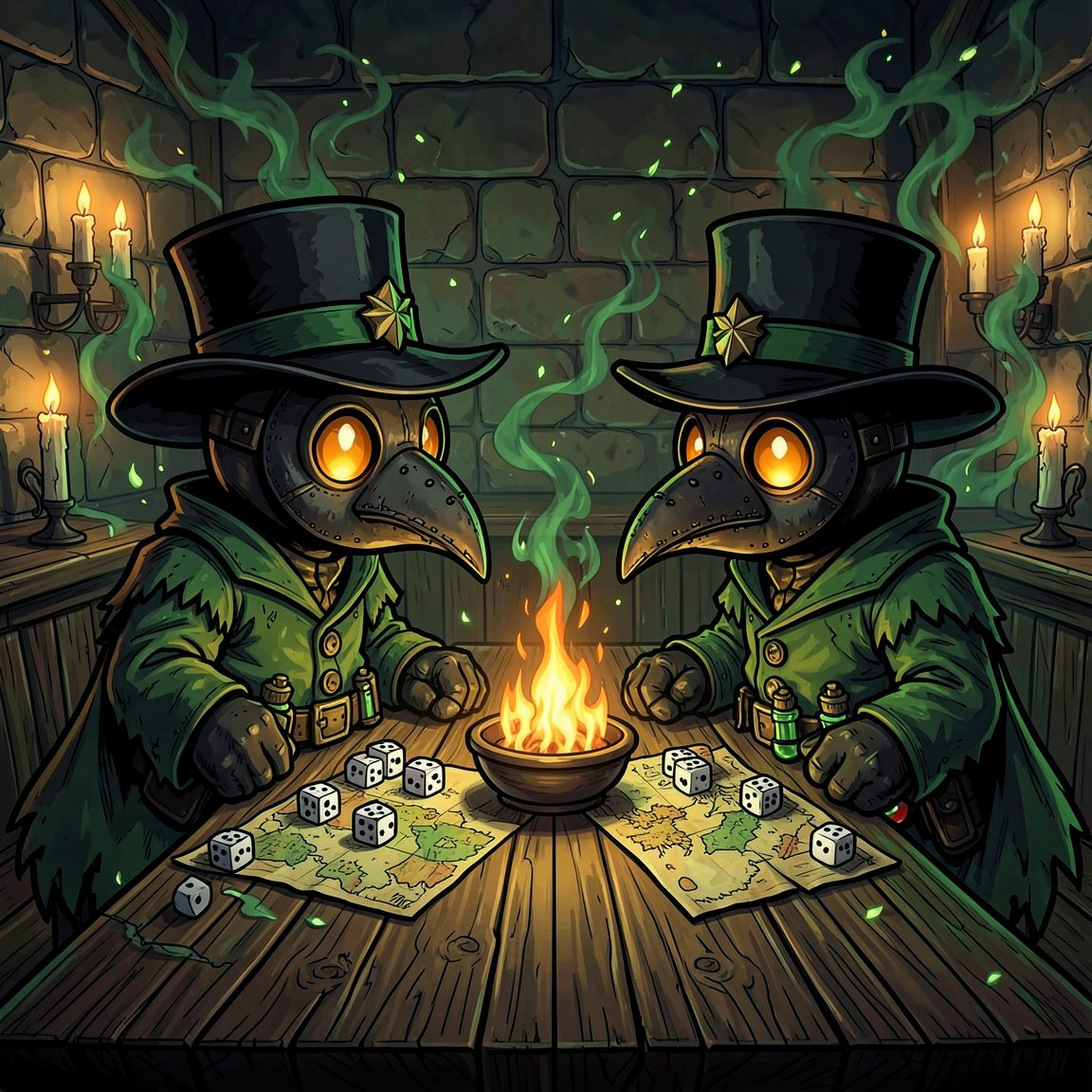 Two Plague Knights mascots at a tavern table of dice, maps and glowing green flasks