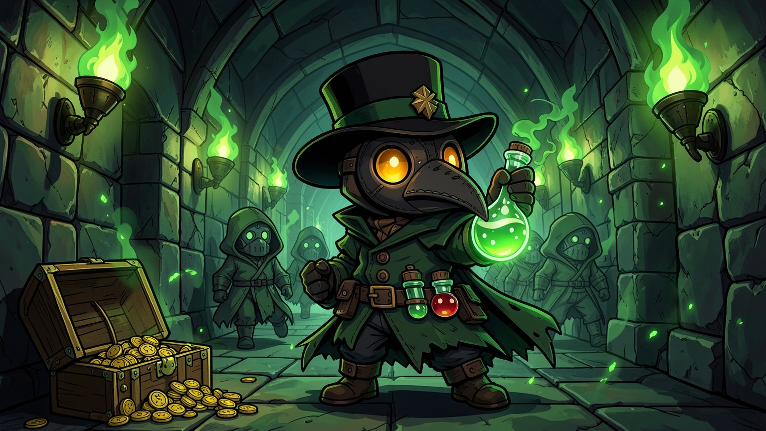 The Plague Knights mascot leading a party down a green-lit dungeon corridor