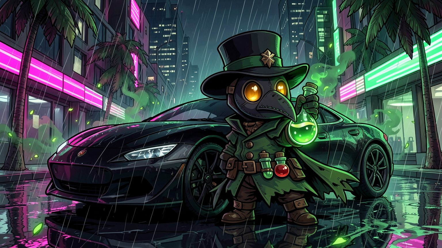 The Plague Knights mascot on a rain-soaked neon city street at night beside a black supercar