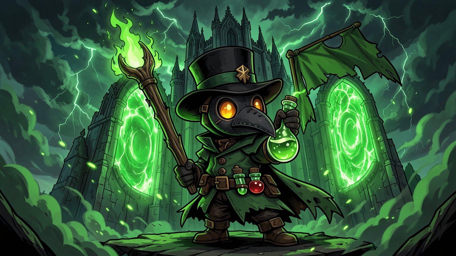 The Plague Knights mascot with a green-fire staff before a gothic citadel of glowing portals